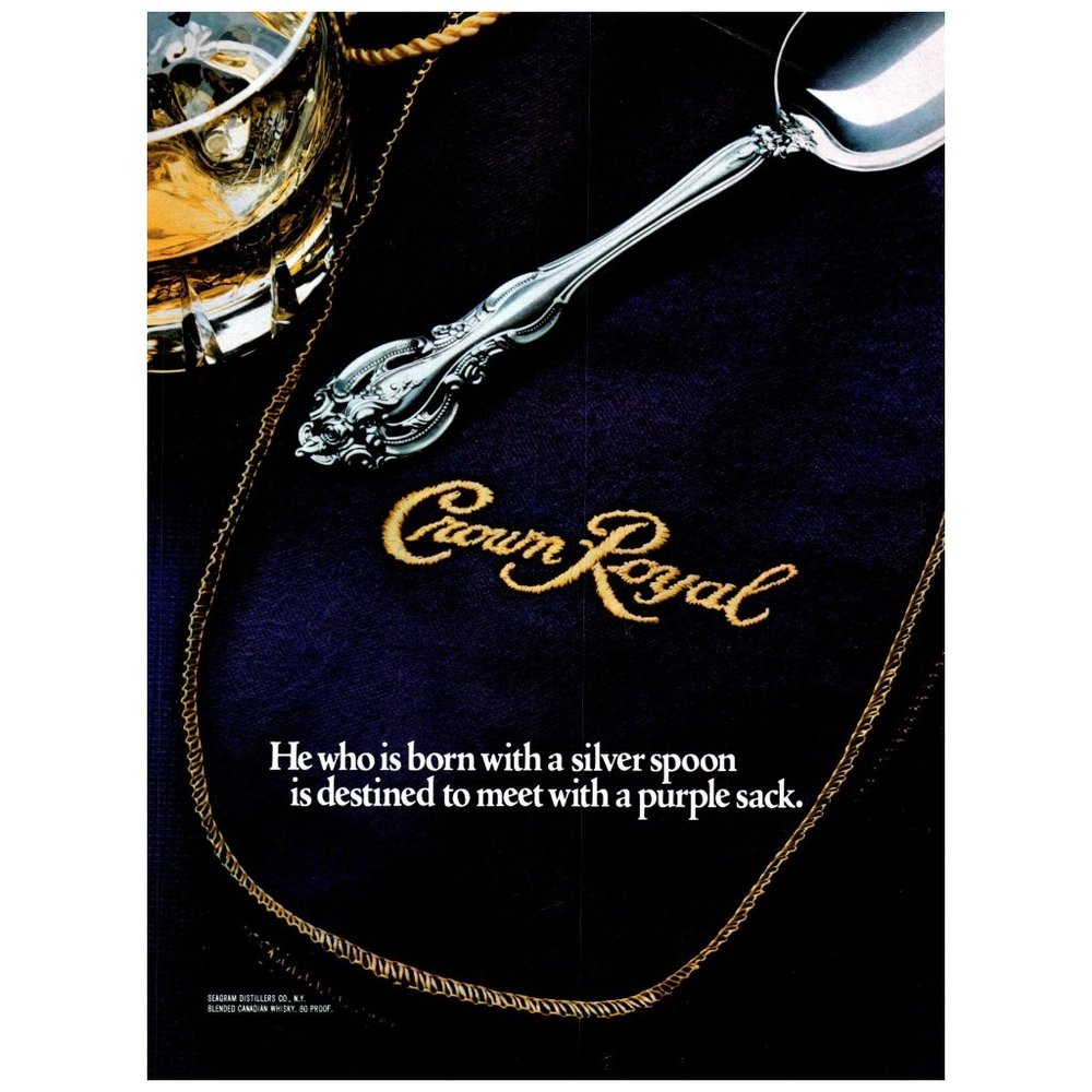 1981 Crown Royal Silver Spoon Destined To Meet Purple Sack Vintage Print Ad Art